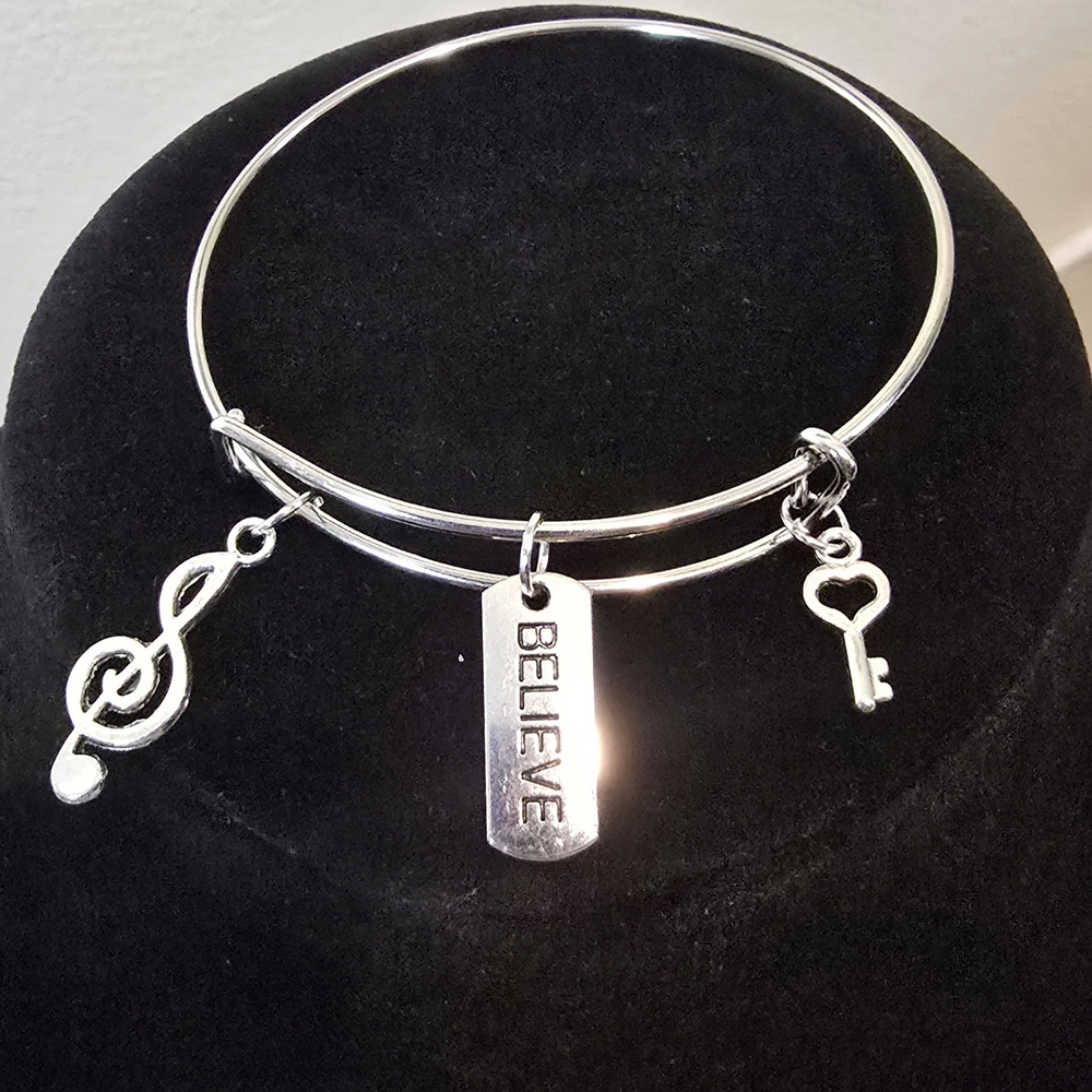 Silver Tone ☆Believe☆ Charm Bracelet with Musical Note and Key - Handmade By Me
